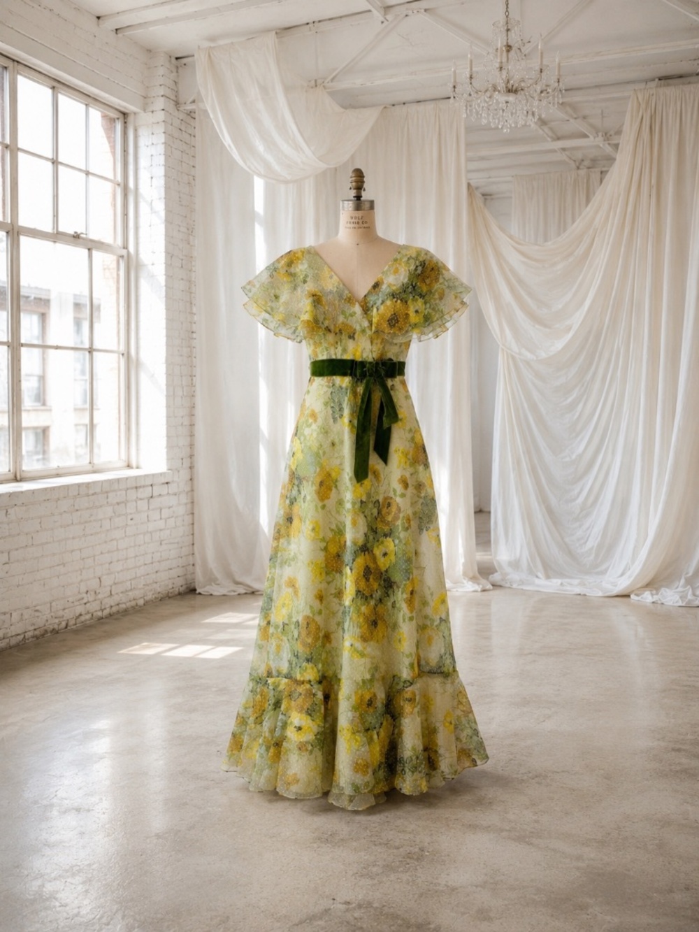 Vintage 70s Green Yellow Poppy Floral Flutter Chiffon Velvet Ribbon Maxi Dress M